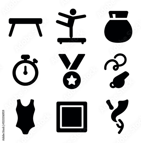 Gymnastics Icon Set. Solid, filled icons set of balance beam training tools: balance beam, gymnast, chalk bag,