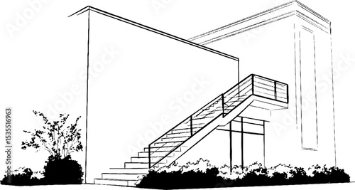 Architectural line art of modern recessed staircase design for architectural visualization and concept development