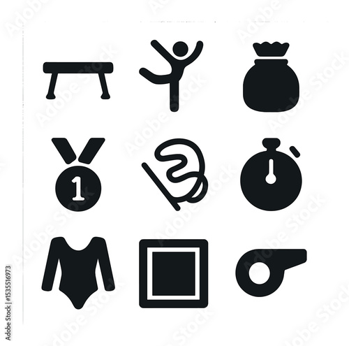 Gymnastics Icon Set. Solid, filled icons set of gymnastic event symbols: balance beam, gymnast, chalk bag,