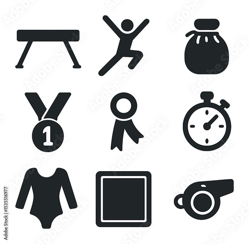 Gymnastics Icons Grid. Solid, filled icons set of gymnastics equipment and awards: balance beam, gymnast,