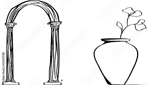 Classical roman arch and decorative vase line art for interior design and decoration