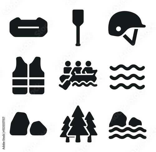 River Rafting Icons. Solid, filled icons set of teamwork in river rafting: raft, paddle, helmet, life jacket,
