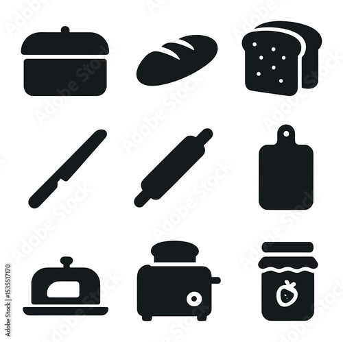 Bakery and Kitchen Icons. Solid, filled icons set of bakery and kitchen tools: bread box, bread loaf, bread