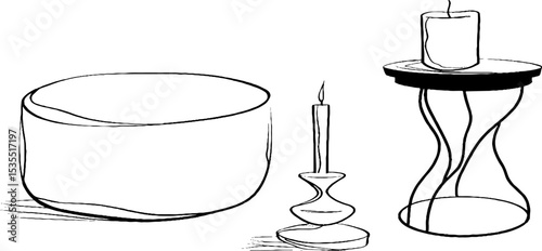 Minimalist line art set featuring round pouf, decorative candle holders, and modern design elements