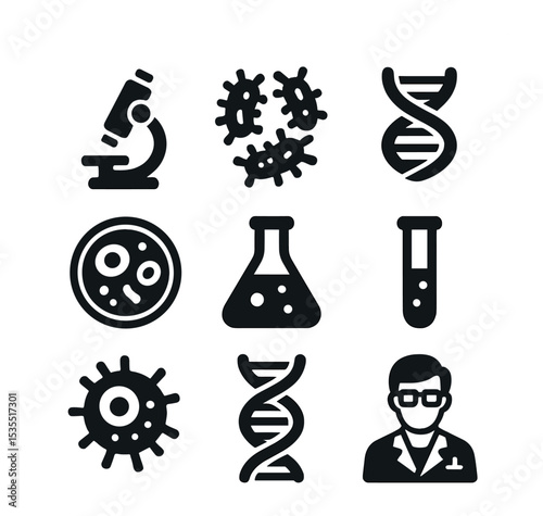 Microbiome Study Icons. Solid, filled icons set of human microbiome study: microscope, bacteria, DNA strand,