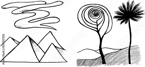 Line art illustration set featuring sandstorm swirls and desert landscapes