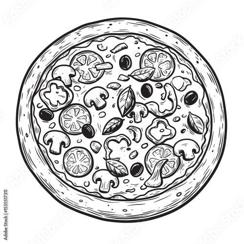 Delicious black and white pizza illustration featuring toppings perfect for any restaurant menu