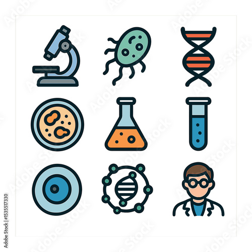 Microbiology Icons Grid. , filled icons set of microbiology and human health: microscope, bacteria, DNA helix,