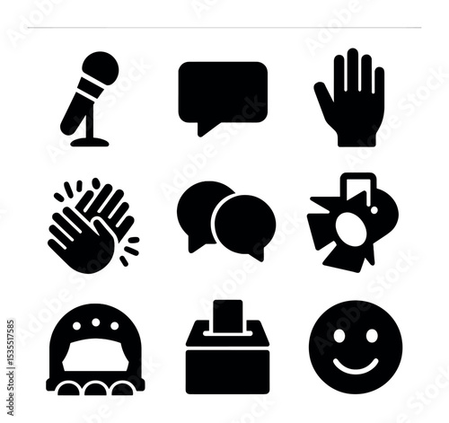 Audience Experience Icons. Solid, filled icons set of participatory audience experience: microphone, speech