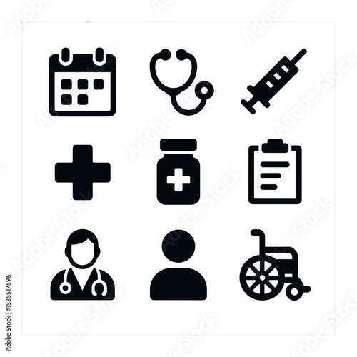 Medical Appointment Icons. Solid, filled icons set of medical appointment help: calendar, stethoscope, syringe
