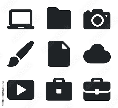 Creative Portfolio Icons. Solid, filled icons set of online creative portfolios: laptop, folder, camera,
