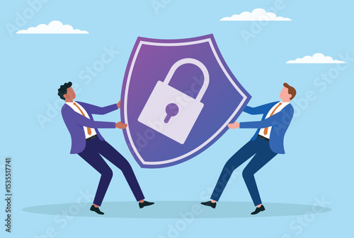 Vector illustration of two businessmen fighting for a security icon, representing the battle for control over cybersecurity, data protection, and digital trust in the modern business world
