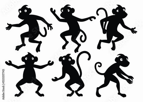 Black silhouette monkey characters in various poses for playful illustrations and designs on white background.