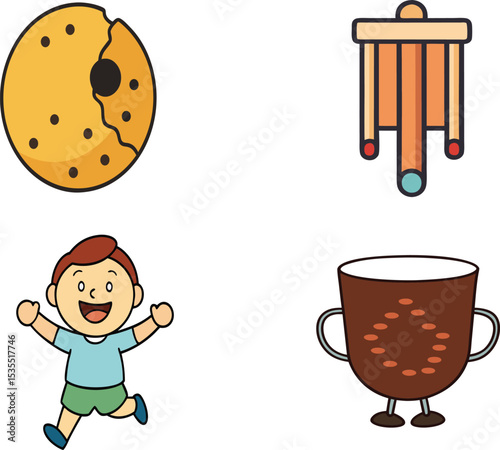 Bundle of cookie bite, happy child joy, festive chime icon, and cozy cocoa cup on white background – perfect holiday snack and cheerful symbol collection for stock illustration and design