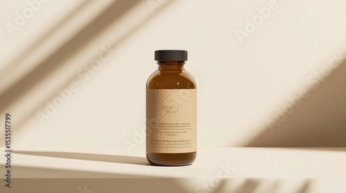 Stylish amber glass bottle with minimalistic label design on a soft beige background showcasing shadows and natural light
