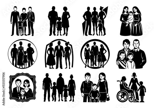 silhouettes of people , family vector set , family silhouette on white background , Family silhouettes, Happy family silhouette set , Isolated minimal black family silhouettes. Collection of family .