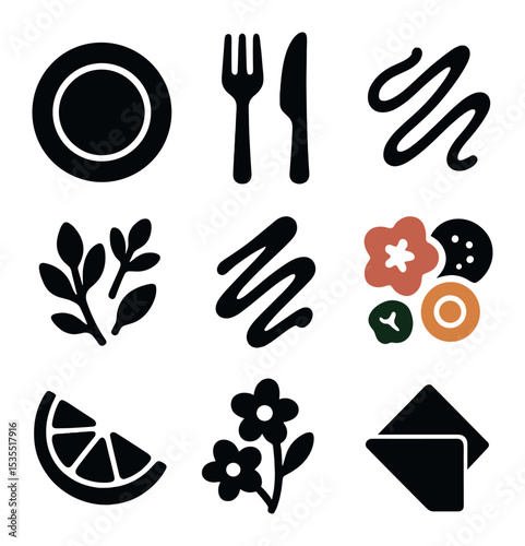 Gourmet Icon Grid. Solid, filled icons set of exquisite dish presentation: plate, fork, knife, herbs, sauce