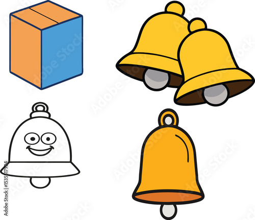 Minimalist box line bell, outline bell pair and ringing bell icon set isolated on white background – perfect for modern alert, notification, and chime symbol concepts in stock designs.