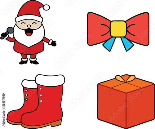 Festive Santa Claus Singing with Gift Box, Bow Tie, Snow Boot and Holiday Blocks – Christmas Celebration Winter Theme for Stock, Perfect for Seasonal Designs and Decorations