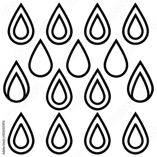 A seamless line art pattern featuring repeating stylized raindrops of various simple shapes. Great for monsoon backgrounds, textile designs, or weather-themed vector projects.
