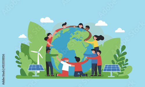 Flat illustration of World Environment Day, symbolizing global unity and environmental protection, green energy elements. Suitable for environmental campaigns, presentations and educational materials.