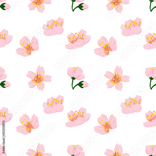 A seamless pattern featuring delicate pink cherry blossoms (Sakura) and buds scattered on a white background. The illustration style is clean and doodle-like, suggesting a light and cheerful aesthetic