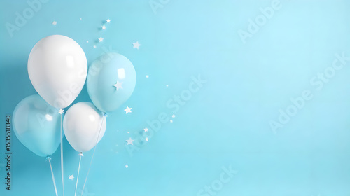 white and pastel blue birthday balloons isolated with stars on a light blue background