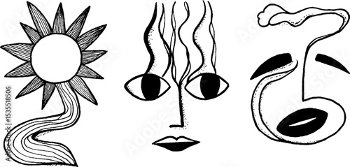 Abstract line art set featuring solar flare and surreal faces for creative design