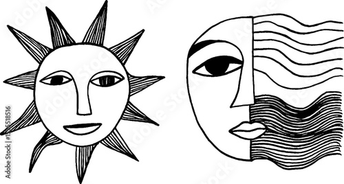 Line art illustration set featuring solar flare and abstract human face design