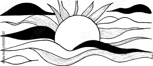 Abstract line art illustration of solar flare and horizon for creative design