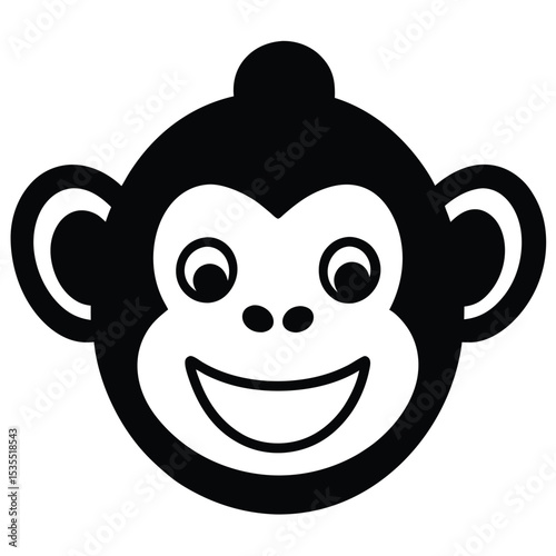 Cheerful smiling monkey face black and white cartoon illustration suitable for various applications