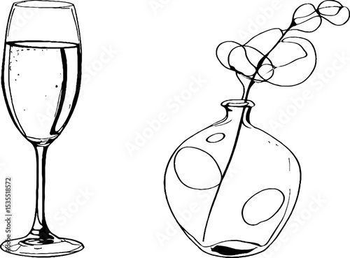 Elegant line art illustration set featuring sparkling wine glass and decorative vase