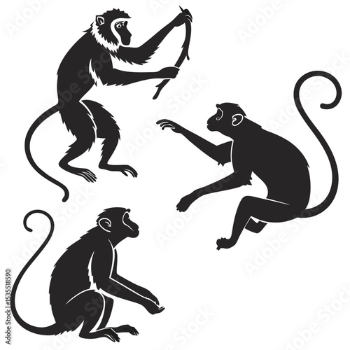 Collection of black silhouetted monkeys in different poses on a white background