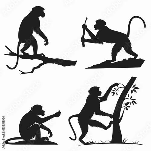 Diverse black silhouettes of monkeys in various poses depicting jungle life and activities