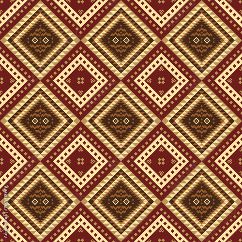 Classic ethnic diamond lattice pattern in rich burgundy and gold tones. Traditional geometric tribal design perfect for premium textiles, home decor and cultural crafts.