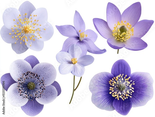 Purple flowers with veined petals, varieties showcasing botanical beauty and subtle hue differences isolated on white background