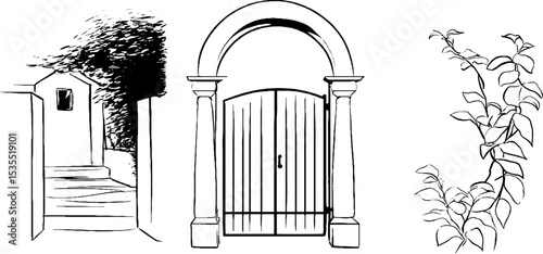 Elegant steel entrance gate line art with arch and leafy design elements for architectural inspiration