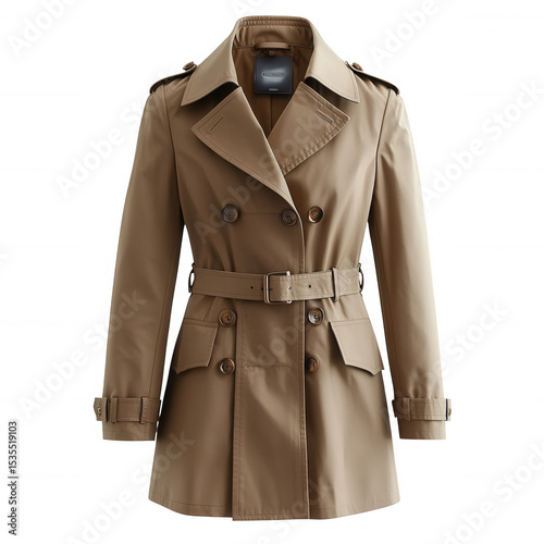 Shop the latest women's trench coat classic style belted double breasted tan outerwear for fall fashion on transparent background