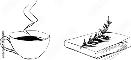 Cozy moments with steaming tea and book line art illustration