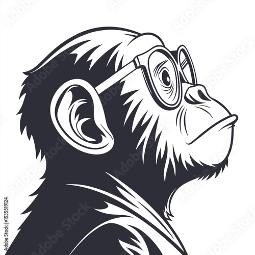 Intelligent chimp wearing glasses vector illustration in a stylish black and white design