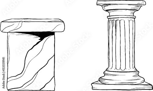 Elegant line art illustration of a stone altar and column set