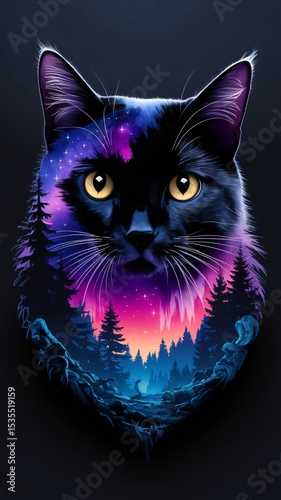Mystical Black Cat Portrait Blending into Vibrant Night Sky with Forest Silhouette – Hyper-Realistic Fantasy Art