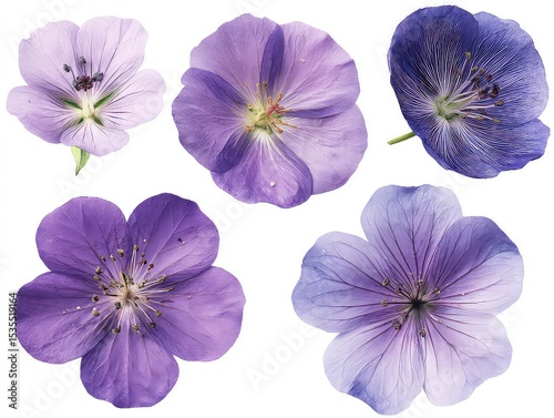 Purple flowers with veined petals, varieties showcasing botanical beauty and subtle hue differences isolated on white background