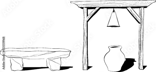 Minimalist line art of stone bench and wooden structure with pot for design projects