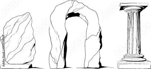 Stone altar and column line art illustration set for artistic design