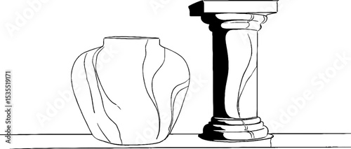 Line art illustration of stone altar and column design elements for decoration