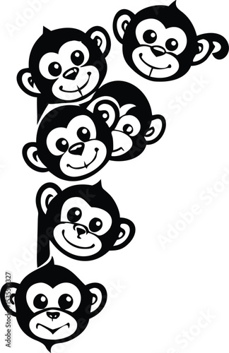 Playful illustration featuring several smiling cartoon monkey faces in black and white