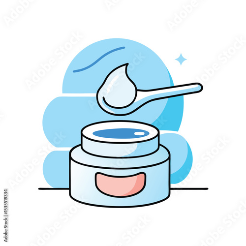 Skincare cream in a jar with a spoon holding a drop for cosmetic routine vector illustration
