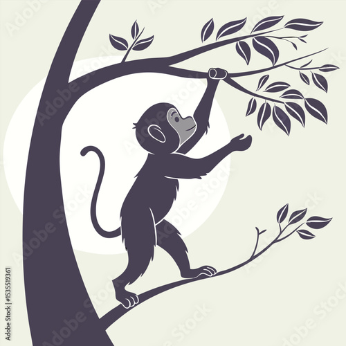 Playful monkey reaching for leaves cartoon illustration on a tree branch with a light background