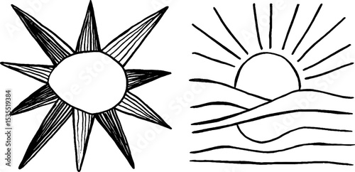 Hand drawn line art of sunny burst and relaxing sunrise over hills for creative design